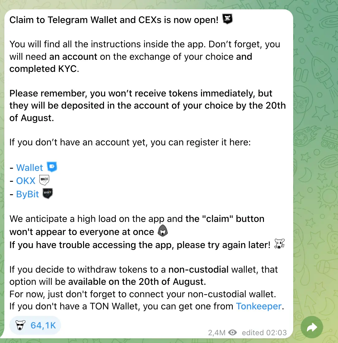 Dogs:已开放 DOGS 代币领取至 Telegram 钱包和 CEX,8 月 20 日前存入对应账户