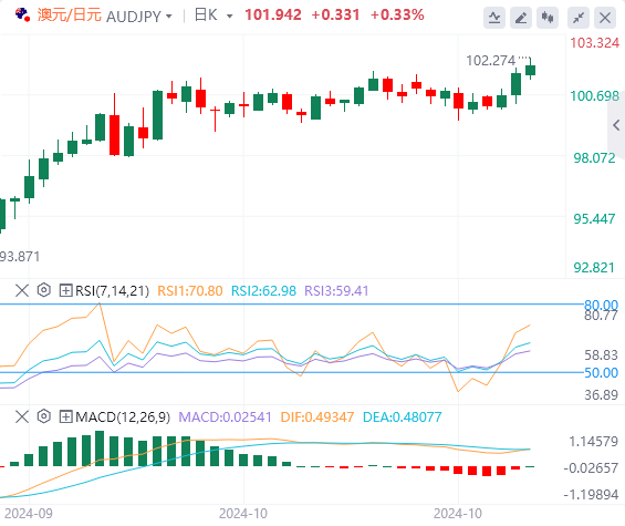 今日澳元/日元货币走势图分析（2024年11月7日）