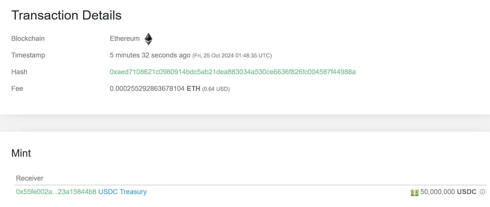 USDC Treasury 新增铸造 5000 万枚 USDC