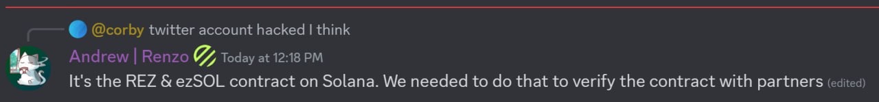 Renzo 回应“X 账号疑似被盗”事件，发布合约旨在与合作伙伴进行验证