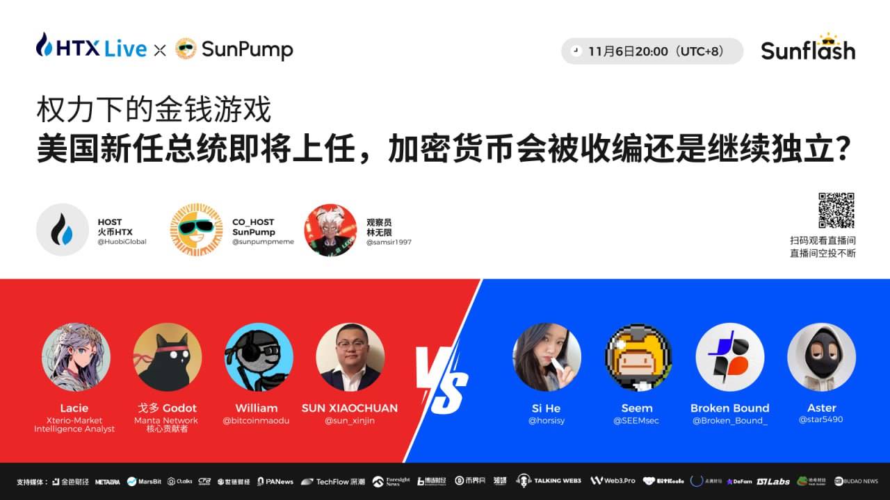 火币 HTX 将联手 SunPump 举办直播辩论赛:探讨美国大选后加密格局的未来走向