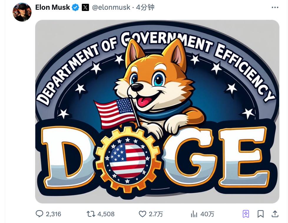 马斯克发布柴犬形象政府效率部（DOGE）LOGO