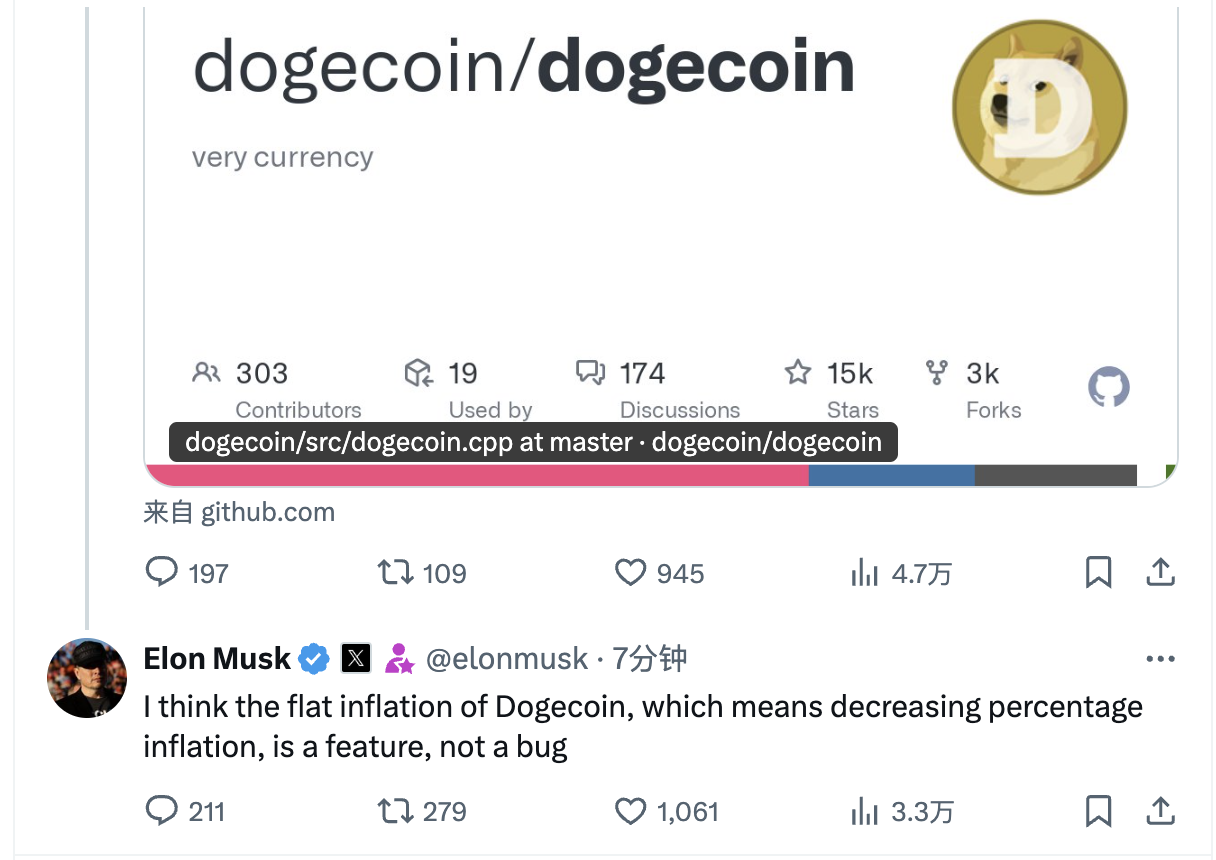 马斯克：狗狗币的固定通胀率是一项特性而非缺陷