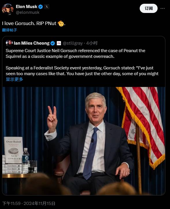 Elon Musk 在 X 平台发文再次提及 PNUT