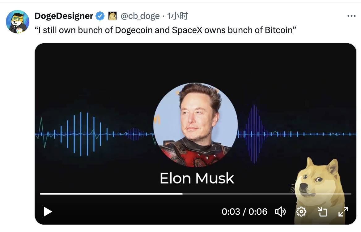 马斯克：我仍持有大量狗狗币，而 SpaceX 持有大量比特币