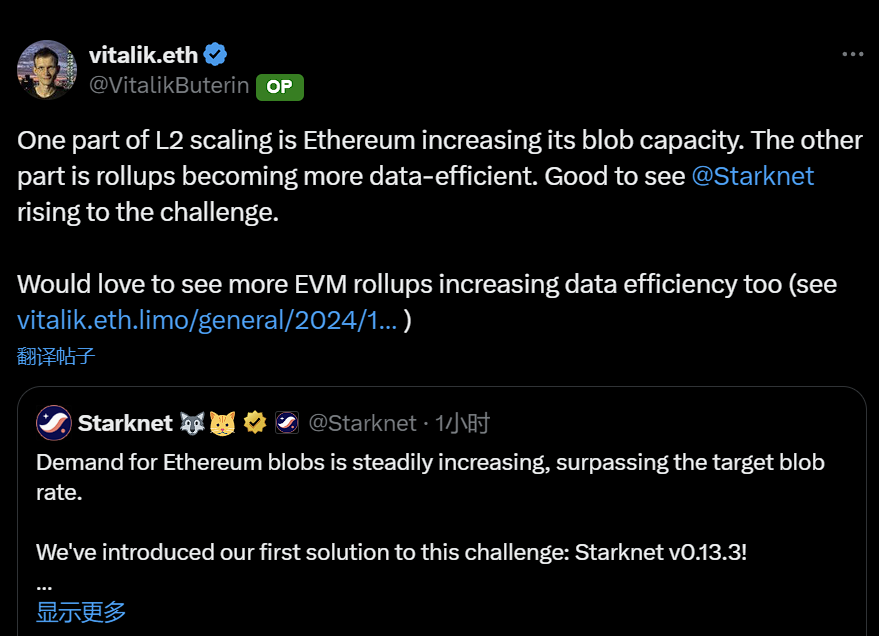 Vitalik：希望看到更多 EVM Rollups 能提升数据效率