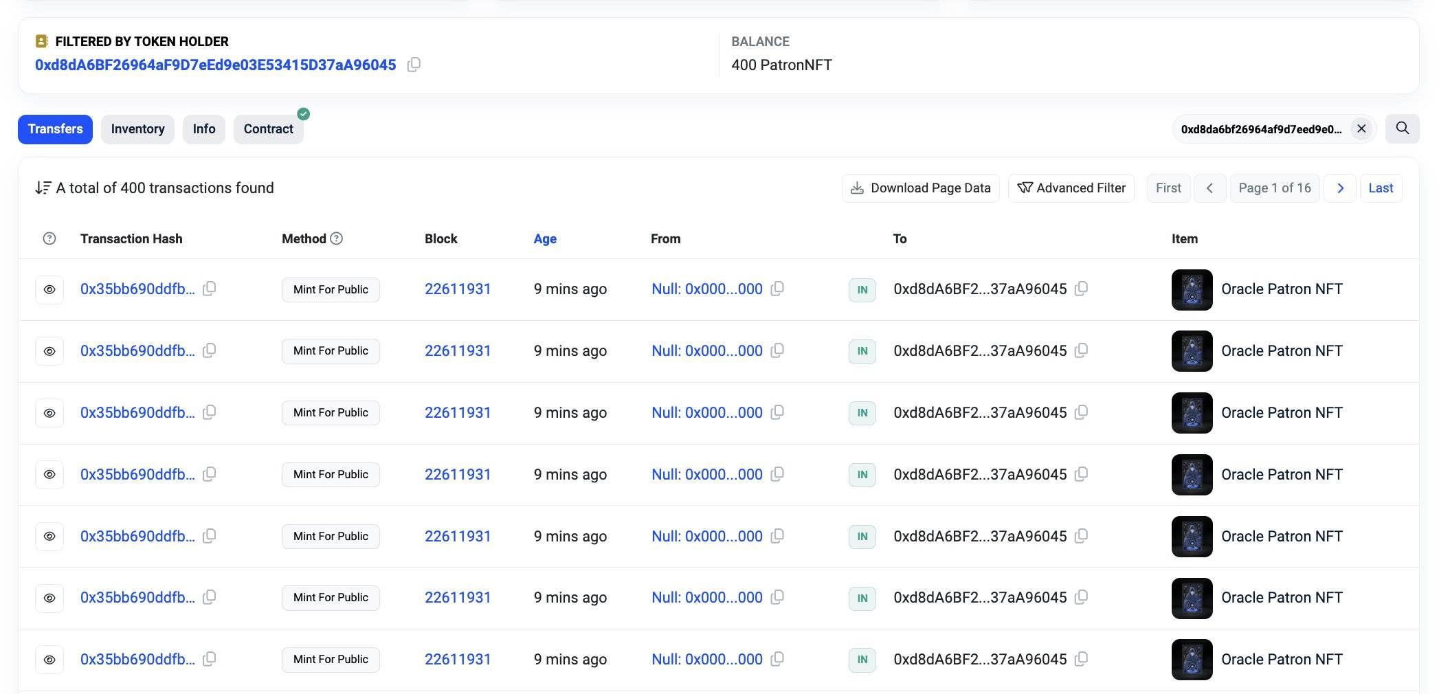 vitalik.eth 标记地址跨链 32 枚 ETH 至 Base 并铸造 400 枚 Oracle Patron NFT