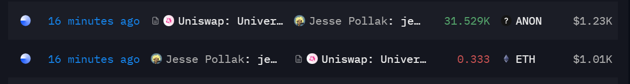 Base 协议负责人 Jesse Pollak 地址将 0.333 枚 ETH 兑换成 31,529 枚 ANON