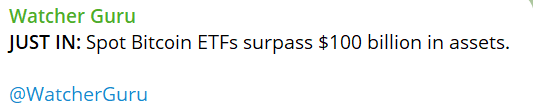 现货比特币 ETF 资产规模突破 100 亿美元