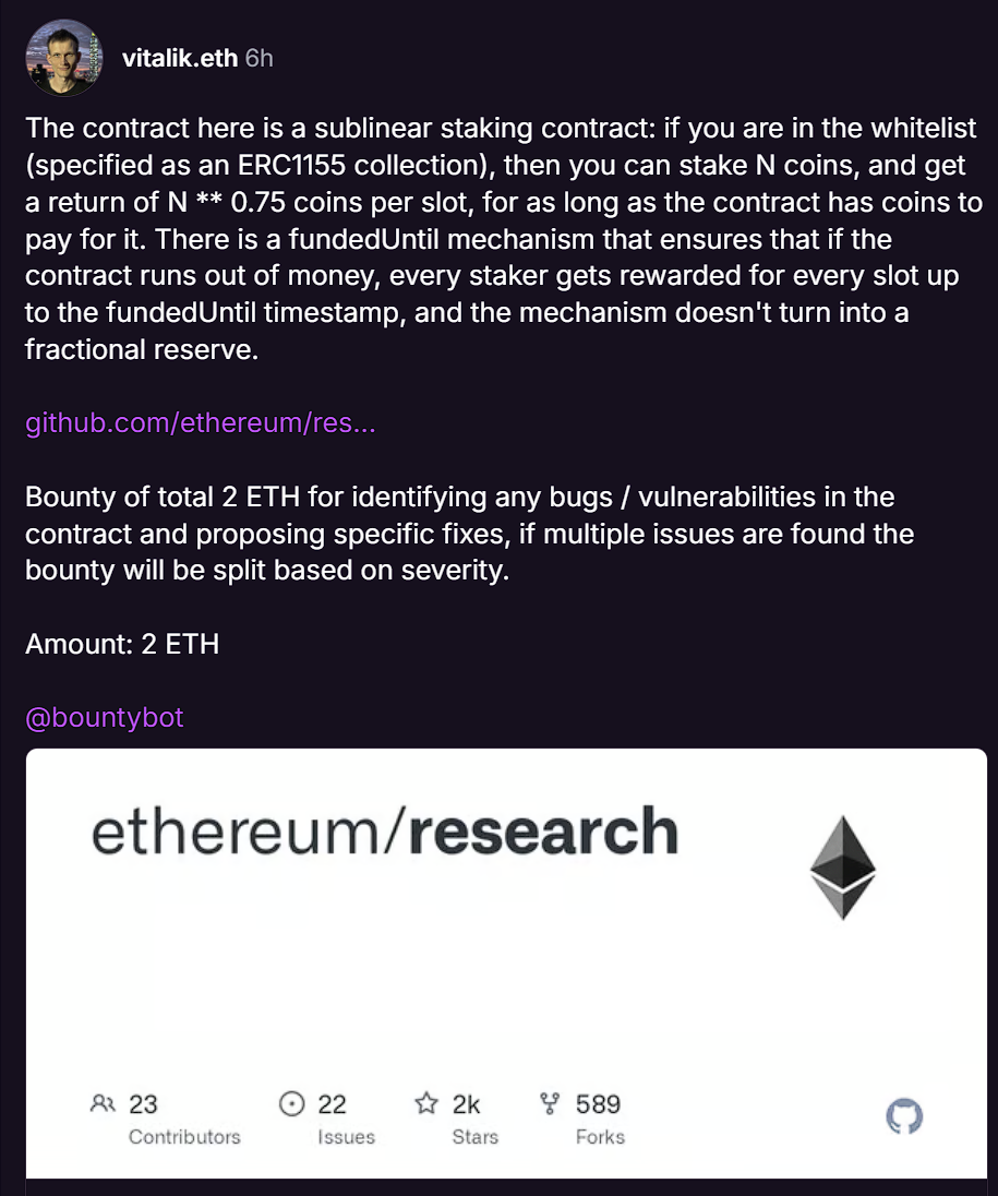Vitalik 发布次线性质押合约漏洞赏金计划,总奖金 2 ETH
