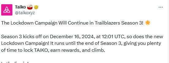 Taiko trailblazer 空投活动第二期将于下周一截止，同天开始第三期