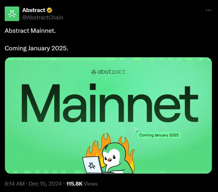 Pudgy Penguins 母公司旗下 L2 网络 Abstract Chain 将于明年 1 月上线主网