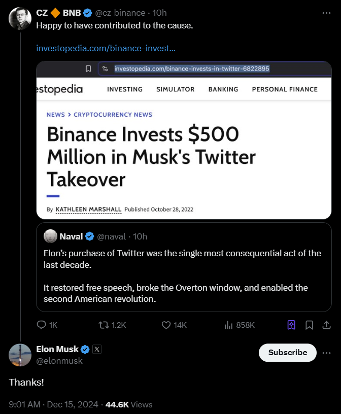 Elon Musk 回应 CZ 为收购 Twitter 做出贡献：谢谢