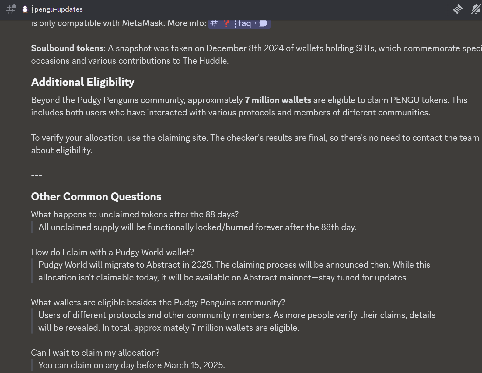 Pudgy Penguins：约 700 万个外部钱包地址具备 PENGU 代币领取资格