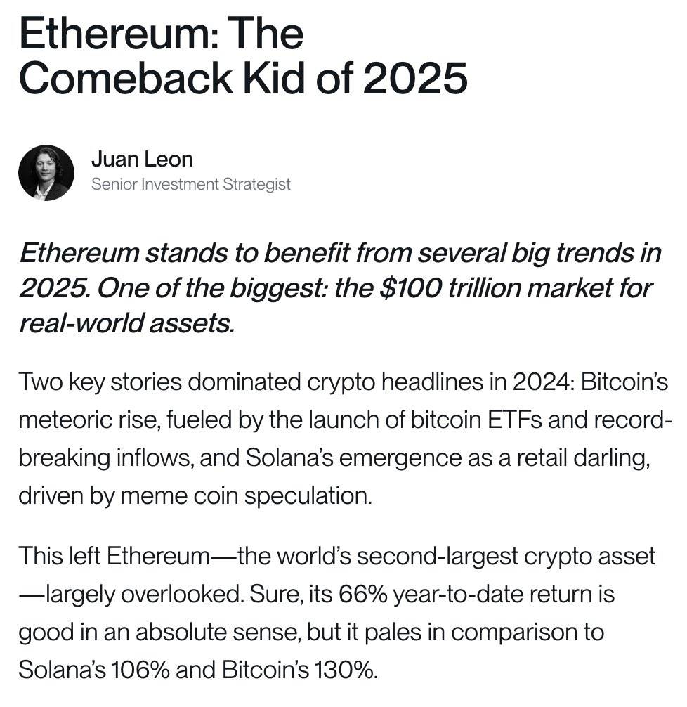 Bitwise:RWA 代币化将成为以太坊在 2025 年复苏的主要动力