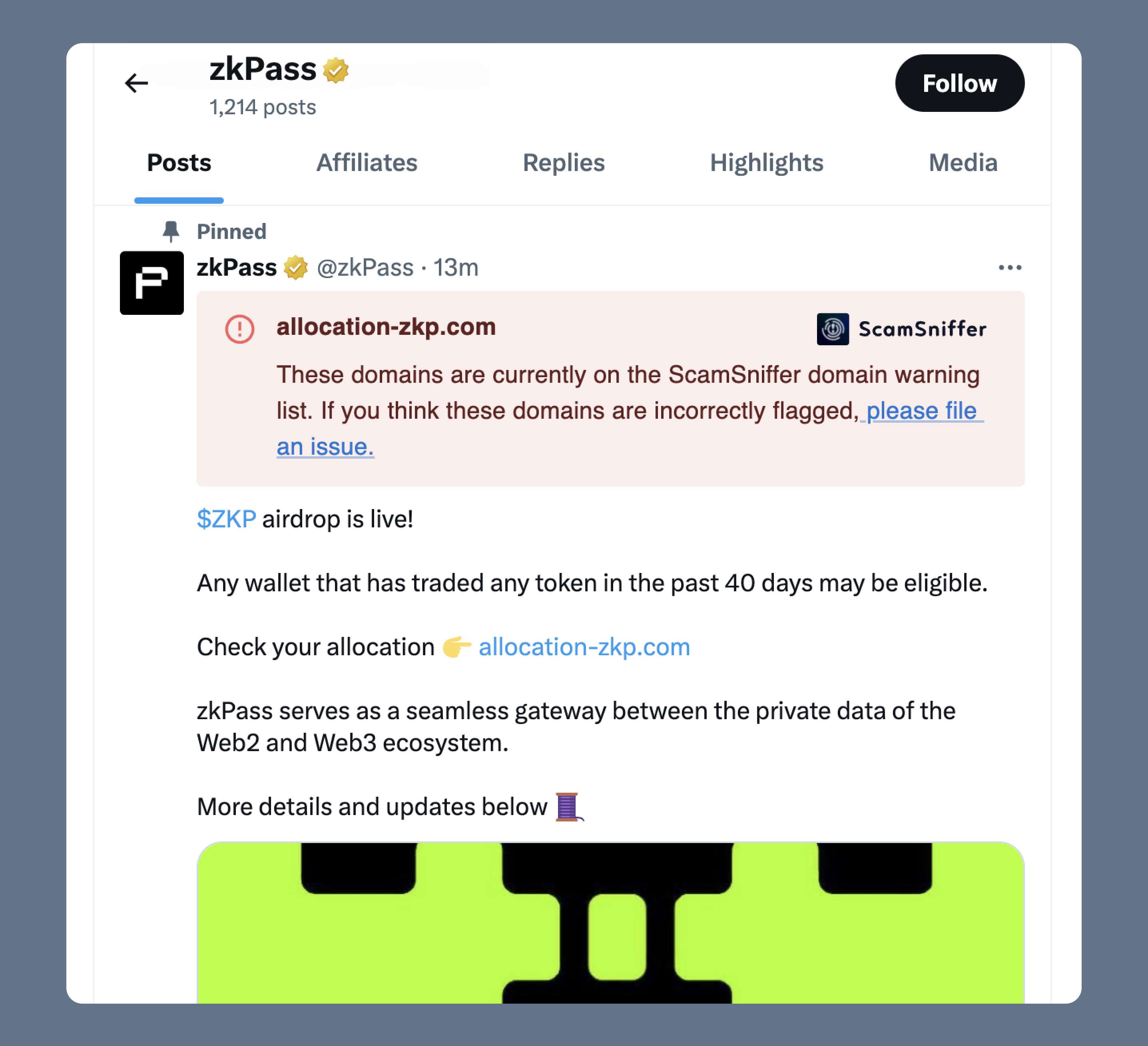 zkPass X 账户疑似遭黑客入侵并发布虚假空投信息