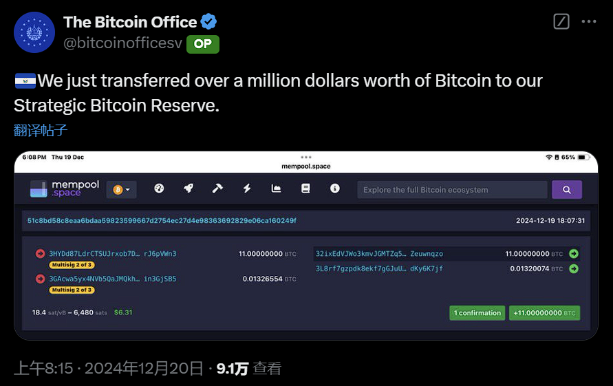 萨尔瓦多比特币办公室：已将价值 100 万美元比特币转入战略储备