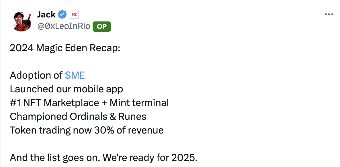 Magic Eden 联创发表年度回顾：代币交易占收入的30%，已为 2025 年做好准备