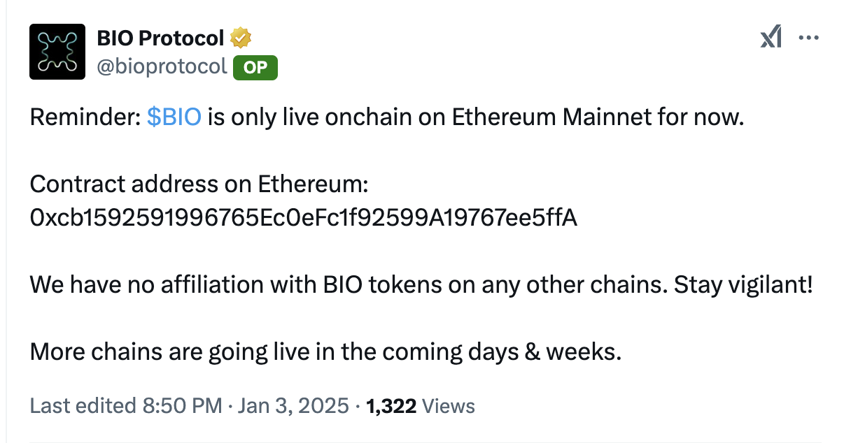 BIO Protocol：BIO 代币目前仅在以太坊主网上线，与其他链上的 BIO 代币无关联