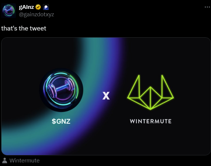 Wintermute 或成为 AI Agent 项目 gAInzy（GNZ）做市商
