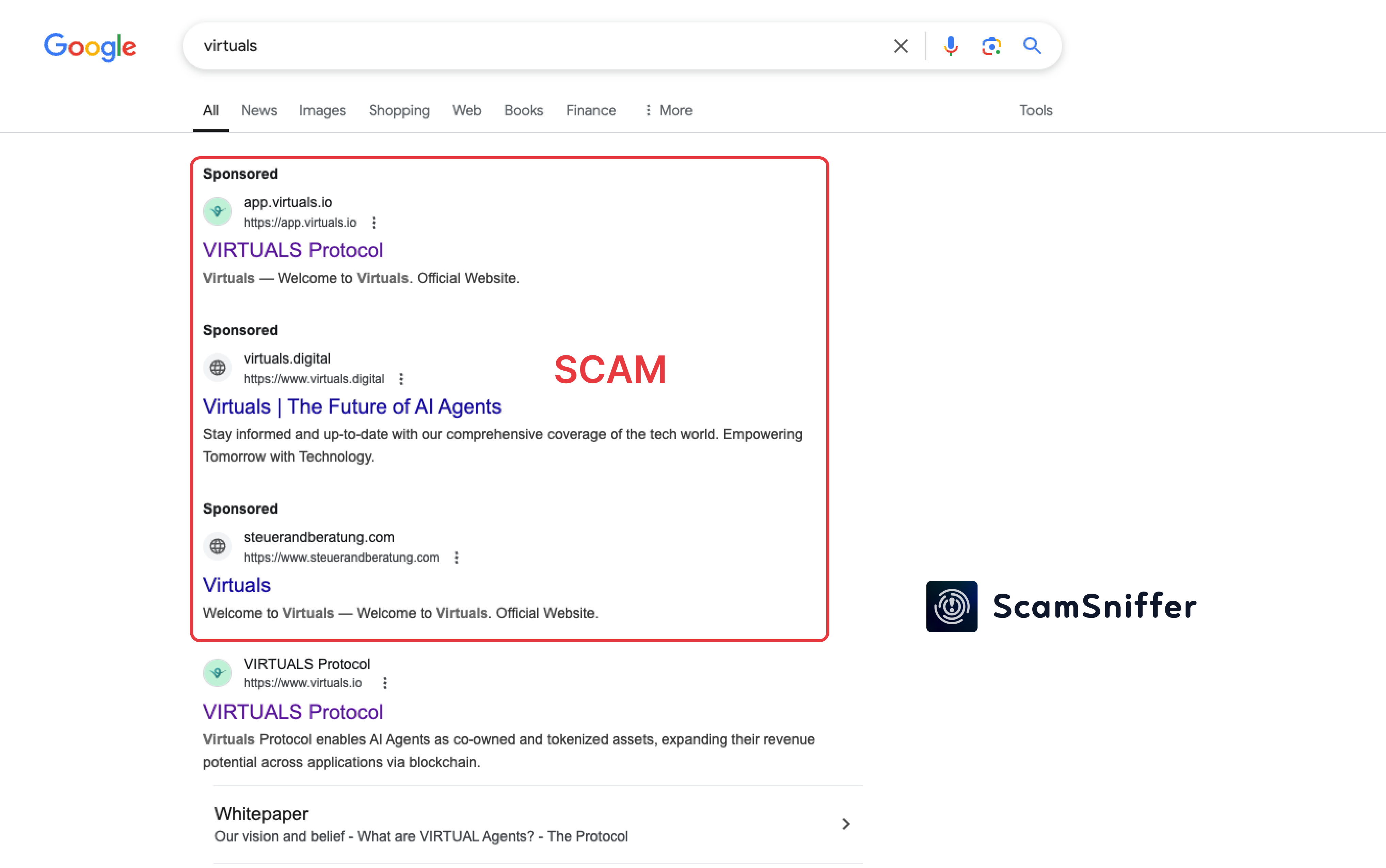 Scam Sniffer:Google 搜索结果中出现三个假冒 Virtuals Protocol 钓鱼广告,用户需警惕