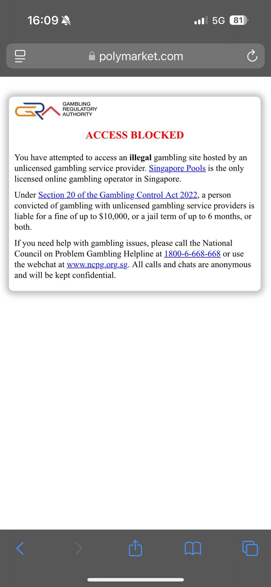 预测市场 Polymarket 疑似被新加坡定义为博彩网站并实施访问限制