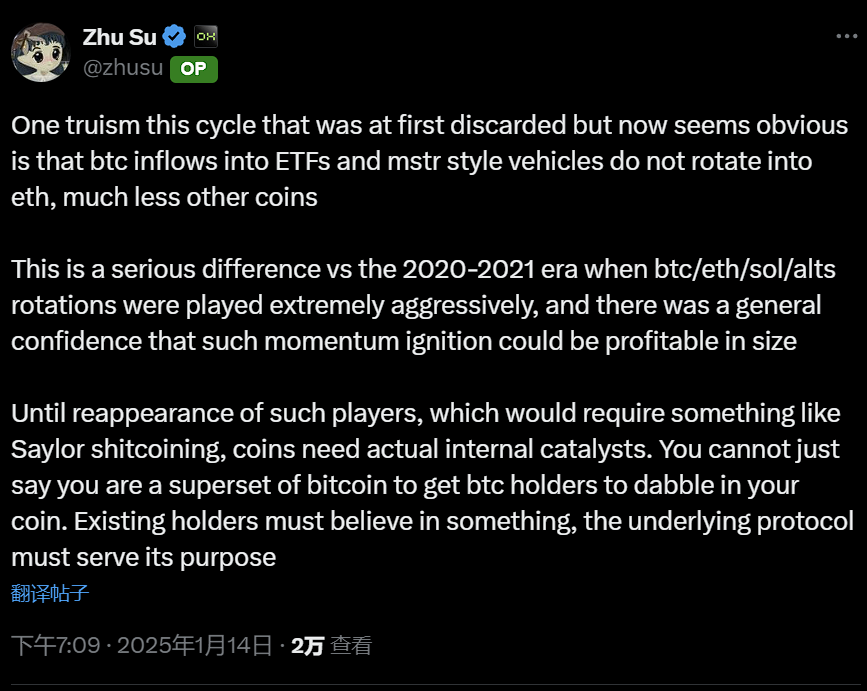 Zhu Su:ETF 时代比特币资金流向已改变,山寨币项目需要实质性催化剂推动