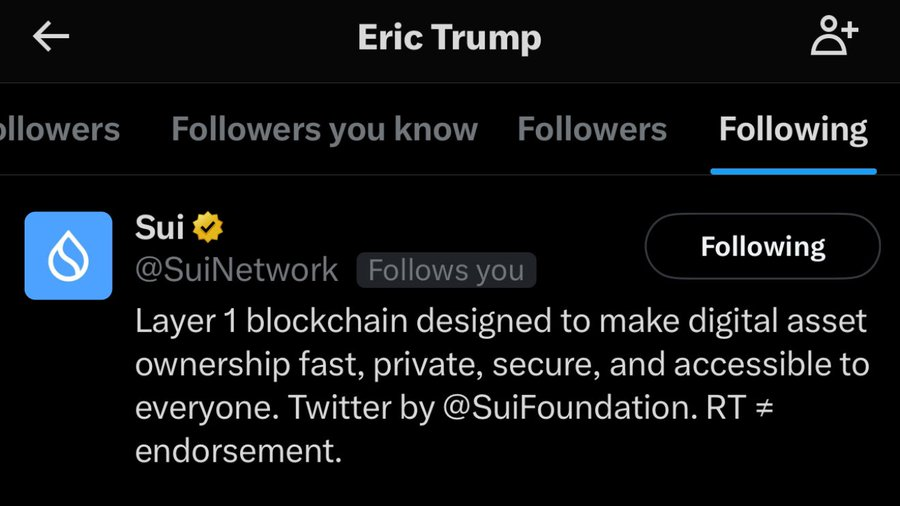 特朗普之子 Eric Trump 已关注 Sui Network 官方 X 账号