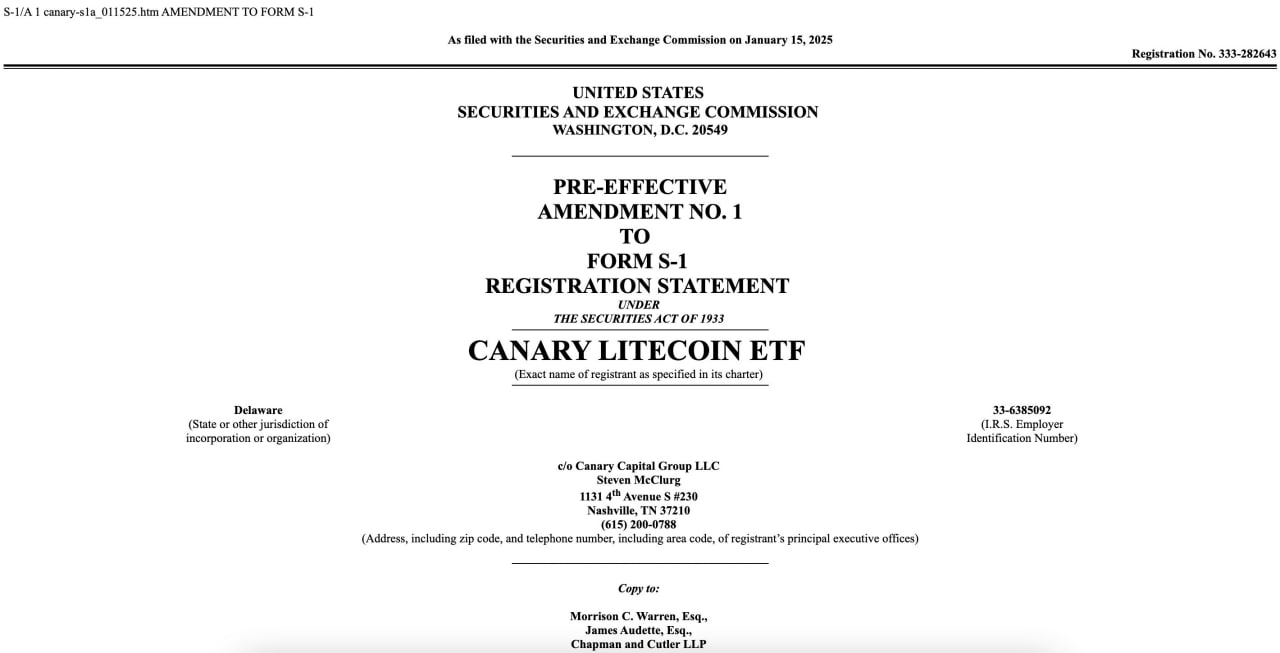 Canary Capital 提交莱特币 ETF 申请的 S-1 修订文件