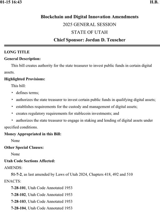 美国犹他州提出法案：允许将 10% 州基金投资比特币等加密货币