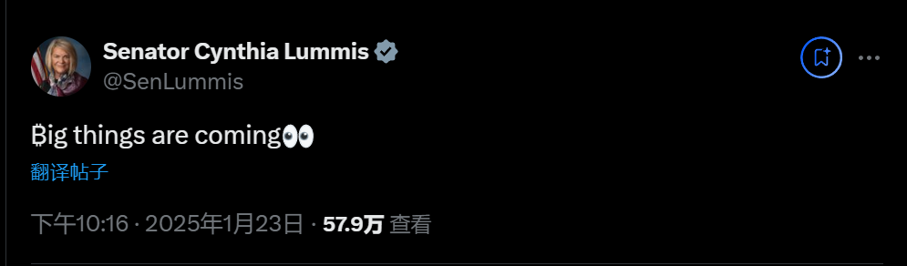 美参议员 Cynthia 暗示将于美东时间上午10点宣布与比特币相关重大消息