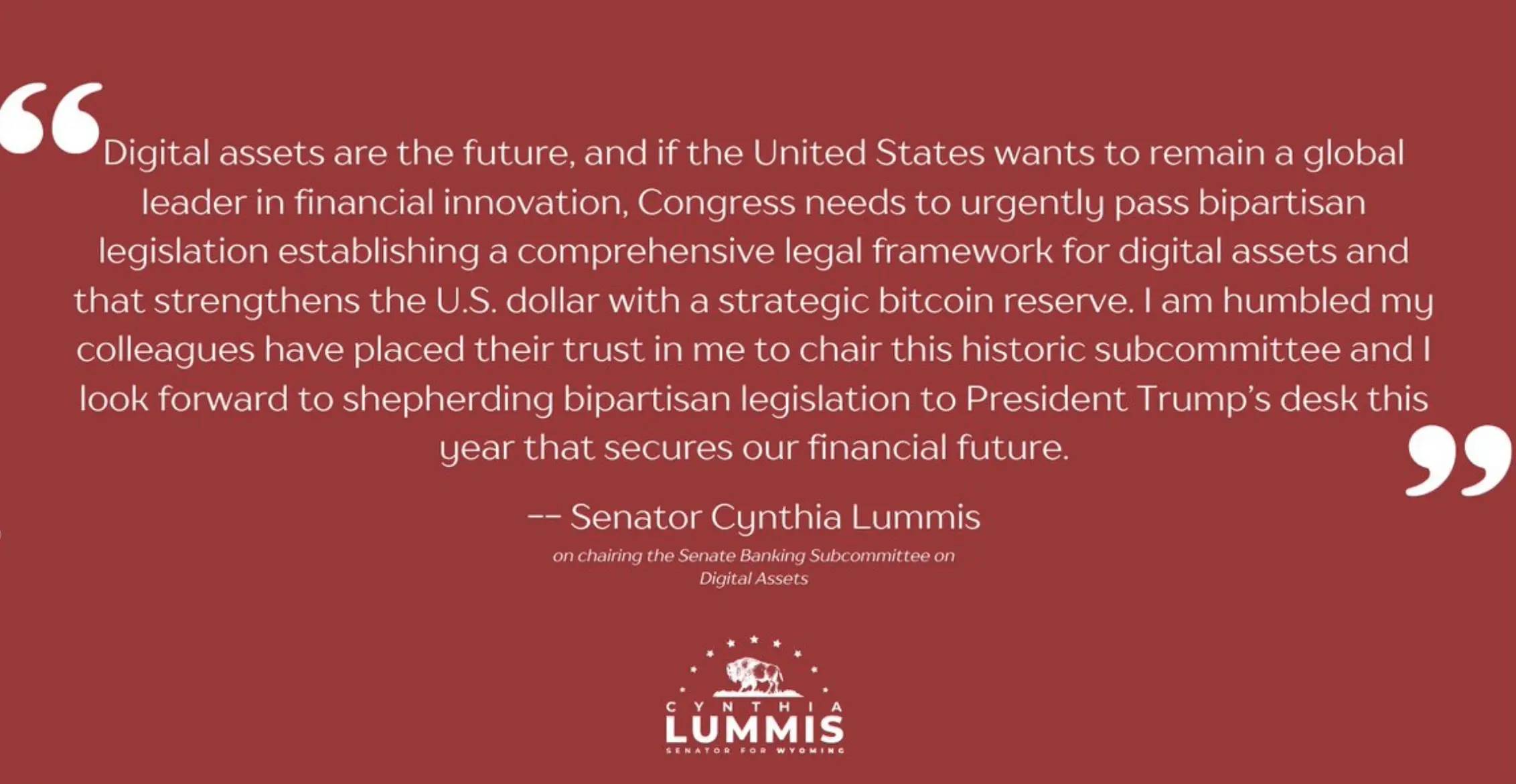 Cynthia Lummis:期待推动数字资产立法,通过战略比特币储备加强美元地位