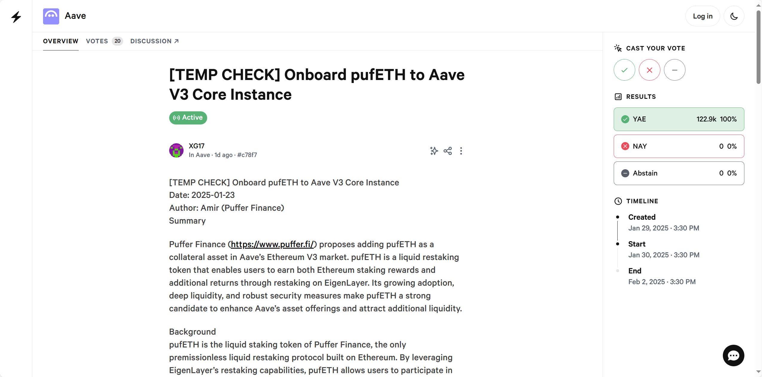 Puffer Finance社区发起提案，拟在Aave以太坊V3市场上添加pufETH作为抵押品