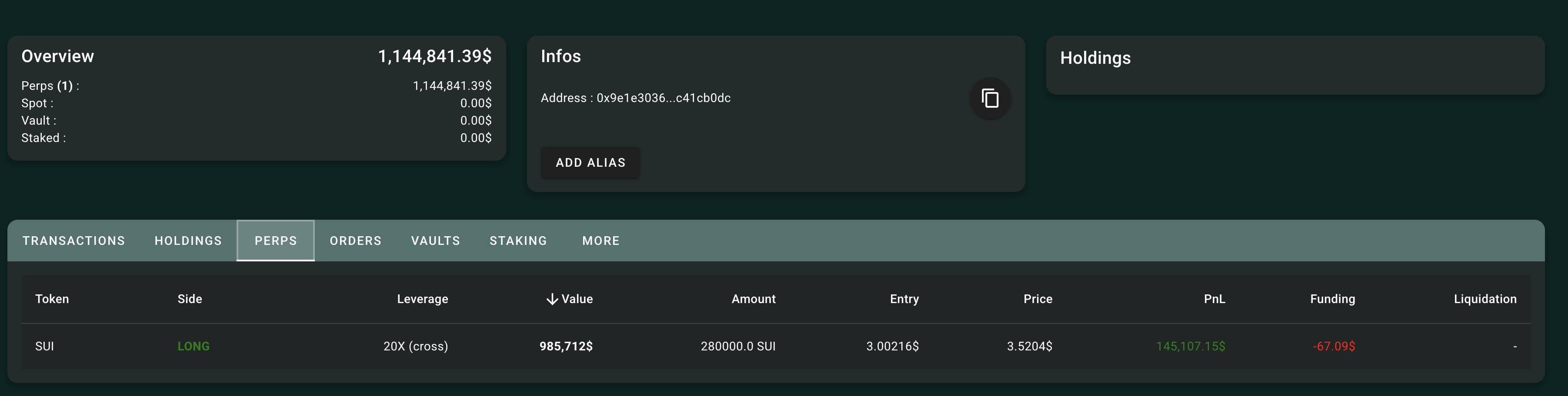 1kx 在 Hyperliquid 上 20 倍做多 SUI，开仓价格 3 美元