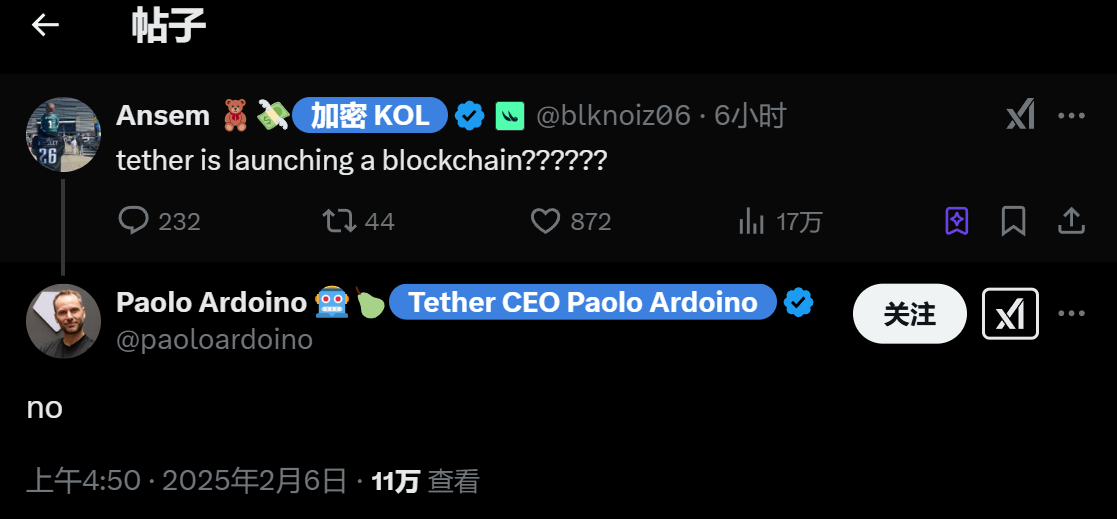 Tether CEO：Tether 不会推出自己的区块链网络