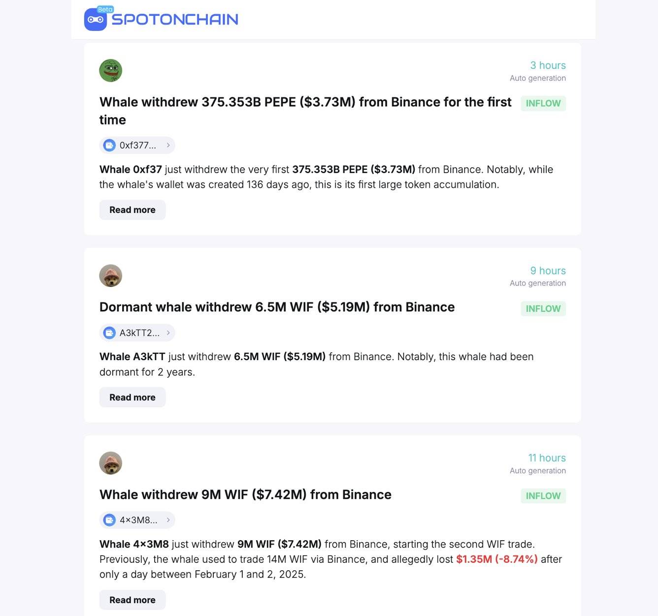 多个鲸鱼钱包从币安提取 PEPE、WIF 代币，总额超 1600 万美元
