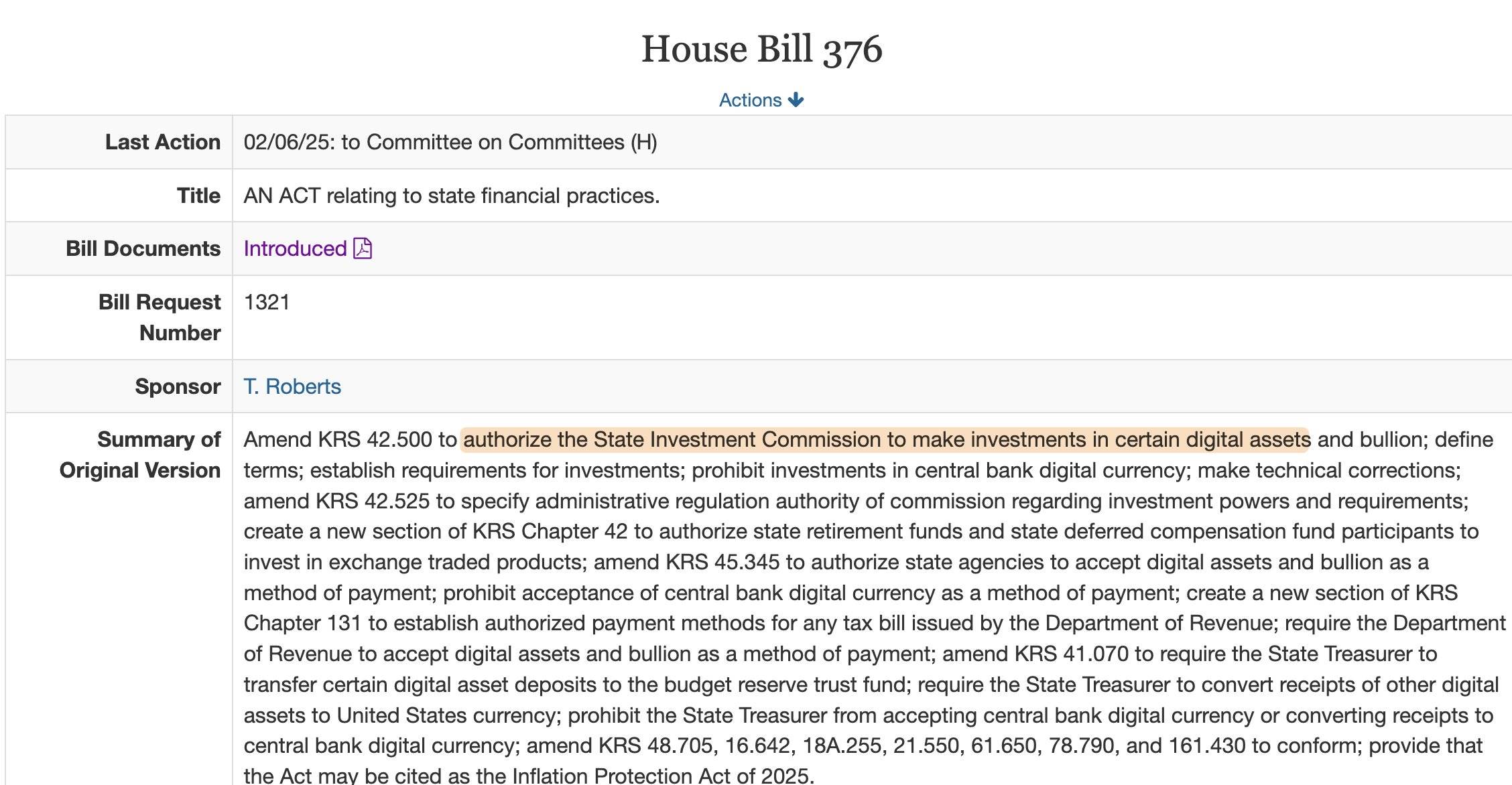 肯塔基州众议员提出比特币储备相关法案，最高可将 10% 州基金投资数字资产