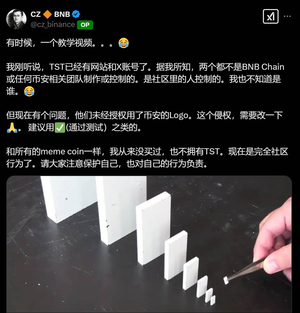 CZ:TST 的网站和 X 账号均非币安或 BNB Chain 官方团队制作或控制,并且未经授权使用币安 Logo