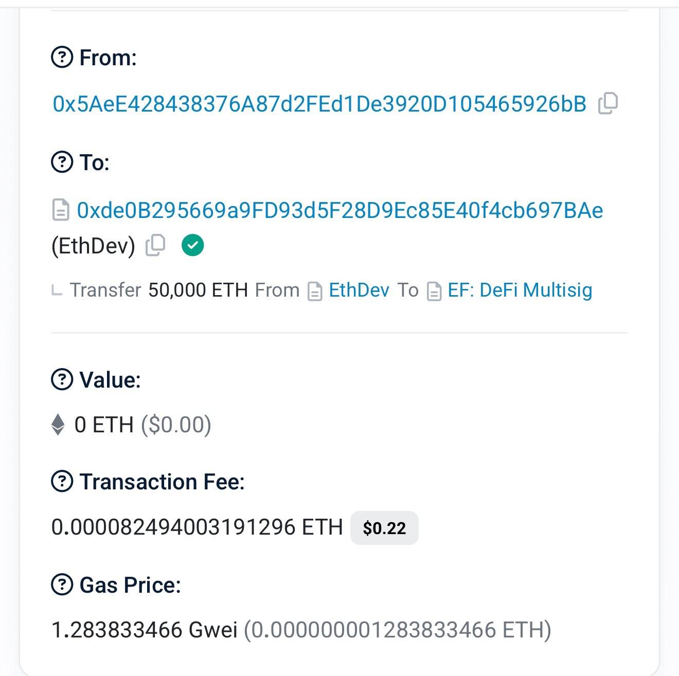 以太坊基金会向 “EF: DeFi Multisig” 地址转移 5 万枚 ETH，以支持以太坊 DeFi 生态