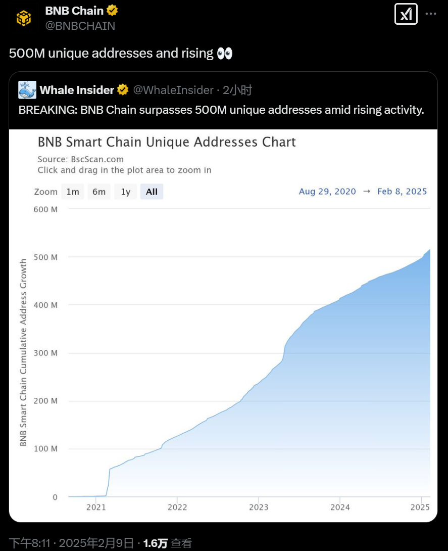 BNB Chain 独立地址数突破 5 亿