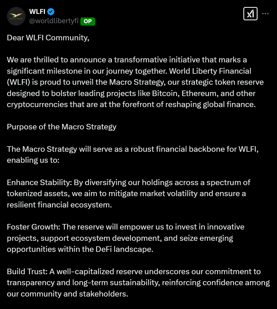 特朗普家族加密项目 WLFI 推出 Macro Strategy 战略代币储备计划
