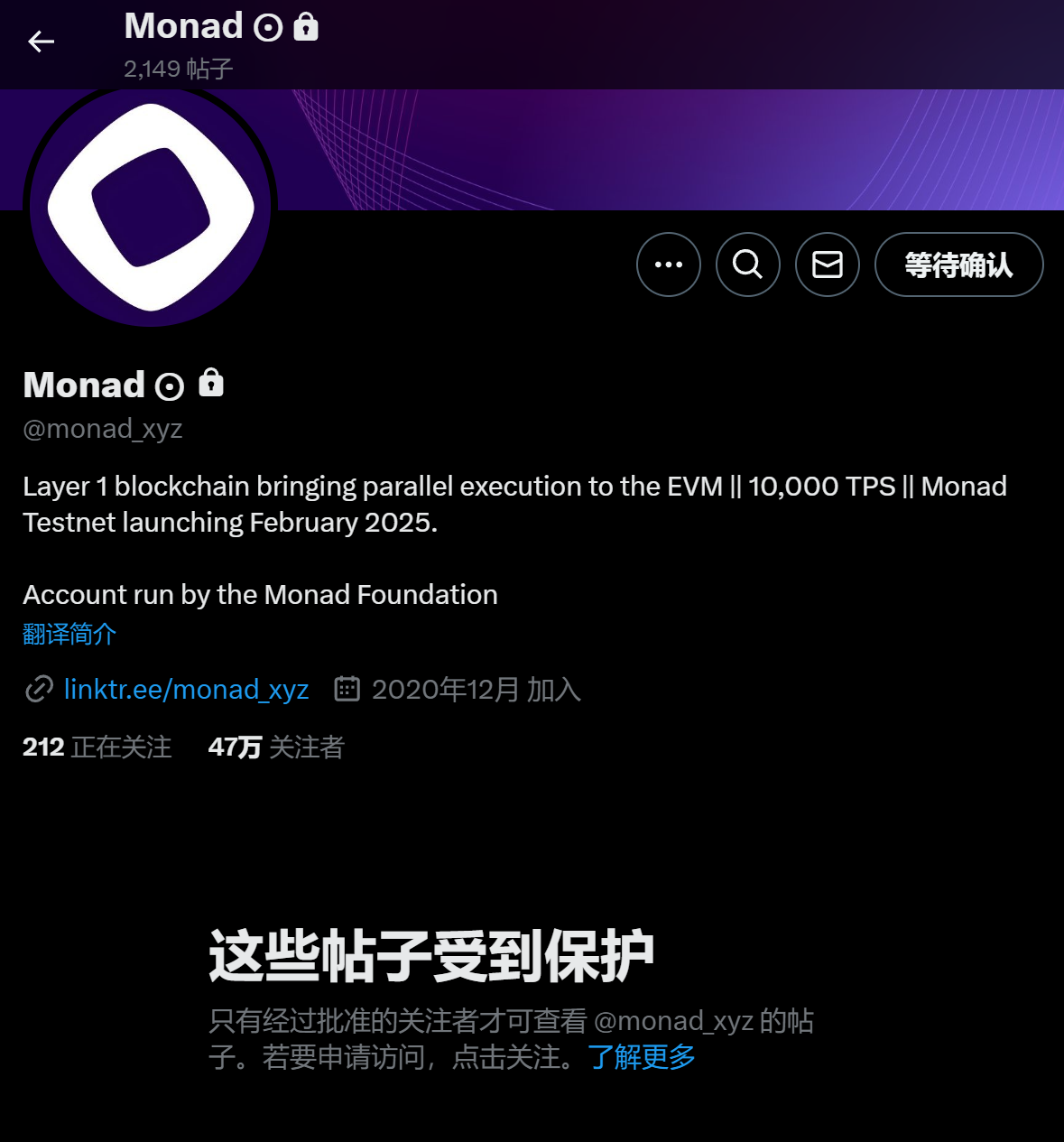 Monad 官方相关 X 账号均已设为私密账号，或与测试网上线有关