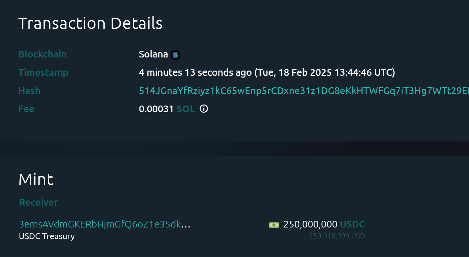 USDC Treasury 在 Solana 链上新增铸造 2.5 亿枚 USDC