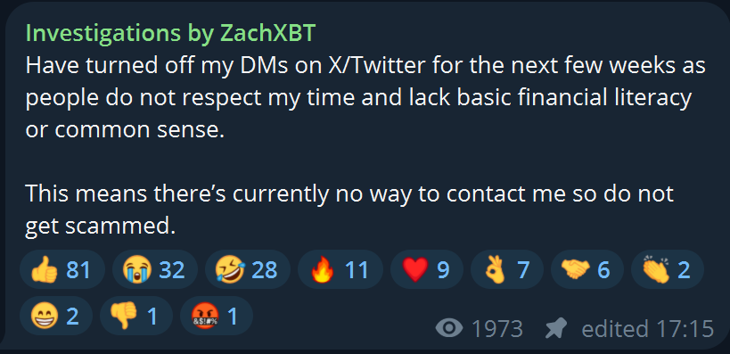 ZachXBT：将在未来数周内暂时关闭 X 私信功能，警惕冒充诈骗