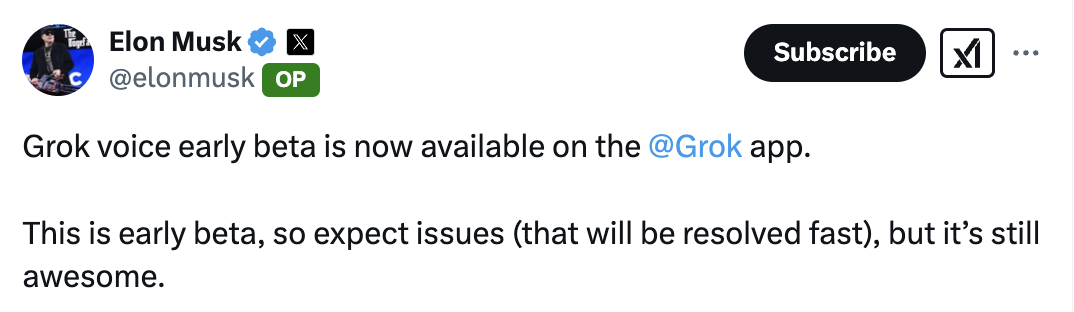 Elon Musk：Grok 语音测试版已在 Grok App 上推出