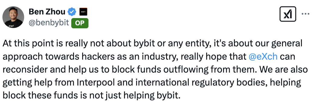 Bybit CEO:希望 eXch 重新考虑资金拦截请求,这不仅是在帮助Bybit