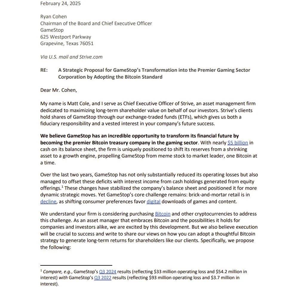 Strive CEO 致信 GameStop,建议将比特币纳入公司储备以打造“游戏行业的顶级比特币财资公司”