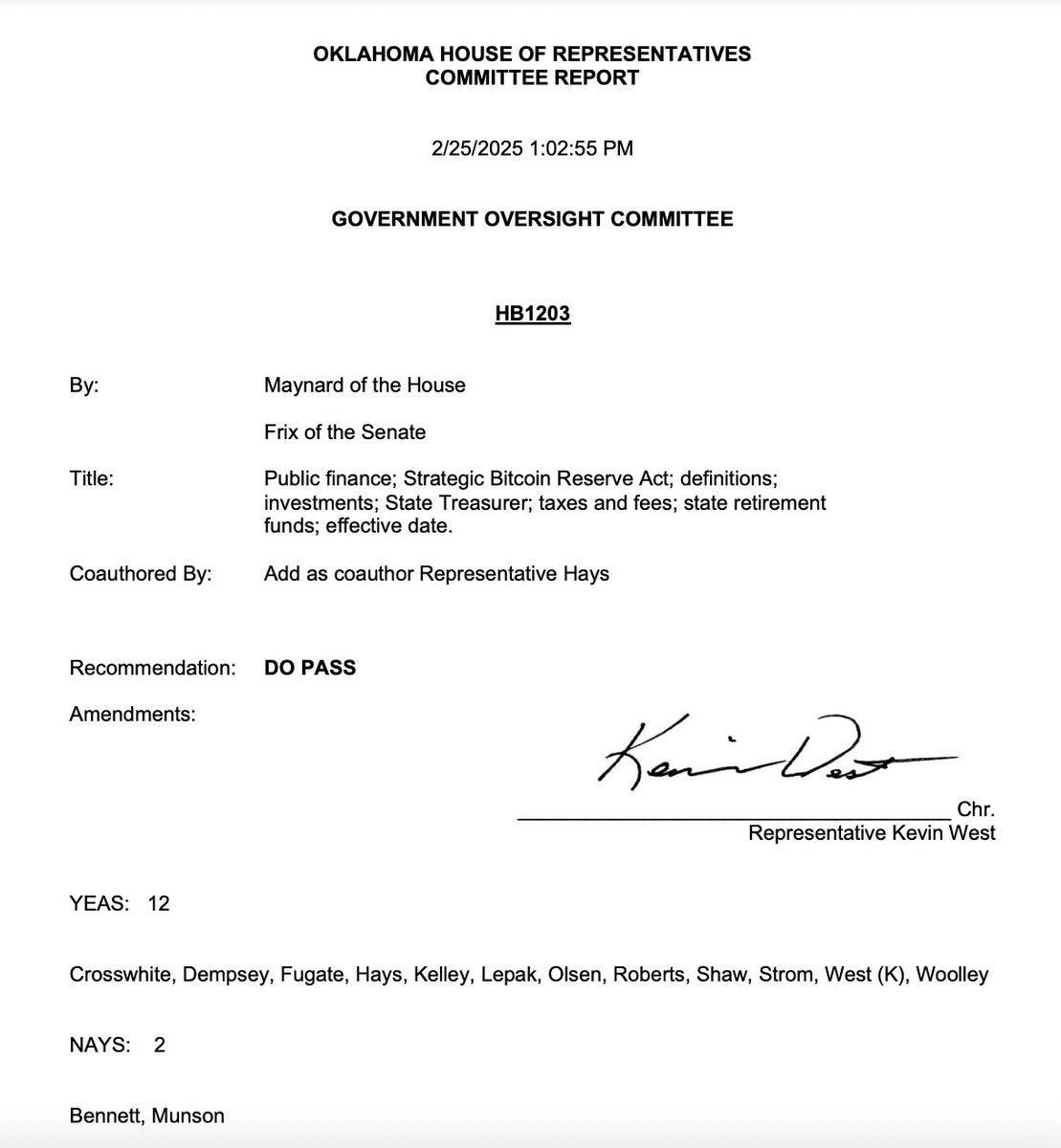 美国俄克拉荷马州众议院委员会通过比特币战略储备法案，将进入众议院全体投票