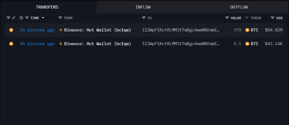 某新建钱包约 20 分钟内从币安提取价值 8402 万美元比特币