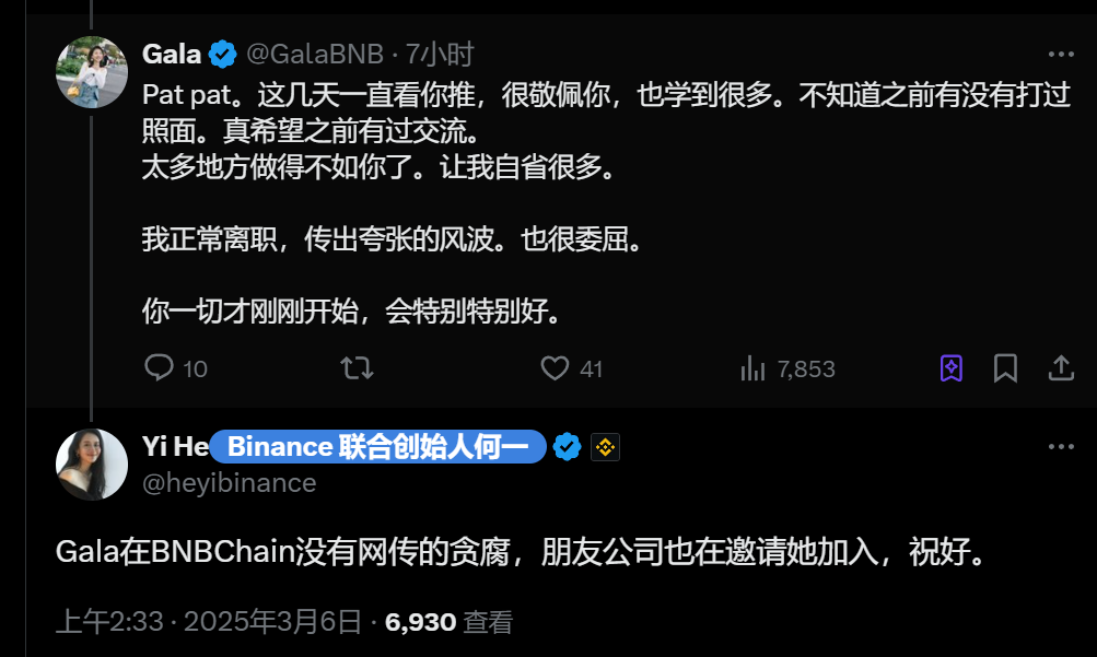 何一确认另维 Gala 在 BNBChain 不存在网传贪腐行为，为正常离职